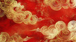 © Pachara - Golden swirling clouds on vibrant red background create striking visual. intricate patterns evoke sense of elegance and tradition, perfect for various artistic applications
