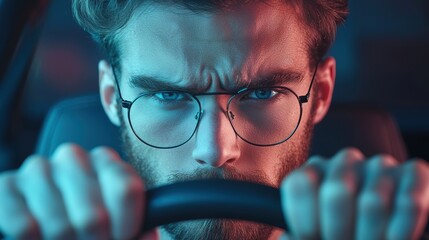 Poster - A close up shot of a frustrated driver gripping the steering wheel, surrounded by cars in a traffic jam, the stress of the situation evident on their face.