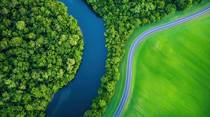 Poster - a highway running alongside a meandering river, the water reflecting the colors of the sky and the s