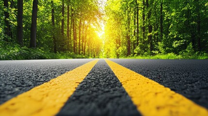 Poster - a tree lined highway passing through a dense forest, the sunlight filtering through the leaves and c