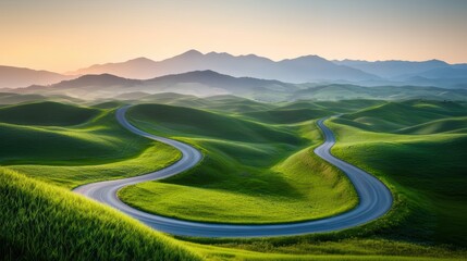 Poster - an expansive view of a highway disappearing into the horizon amidst rolling hills and farmlands, emp