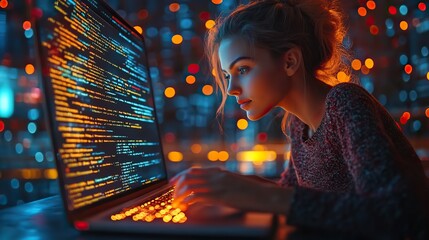 Poster - focused female developer programs in html on laptop a detailed view of web development,coding process