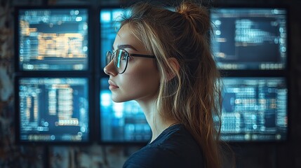 Poster - focused female software engineer analyzes data server,blockchain network in state of the art monitoring control room with it team,digital screens
