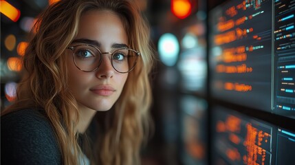 Poster - focused female software engineer analyzes data server,blockchain network in state of the art monitoring control room with it team,digital screens
