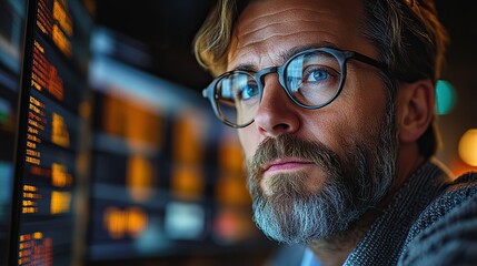 Poster - focused professional analyzing financial trends on multiple computer screens in busy stock exchange office