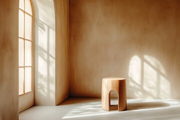 Sticker - Wooden stool, sunlit room, arched window, minimalist interior, product photography