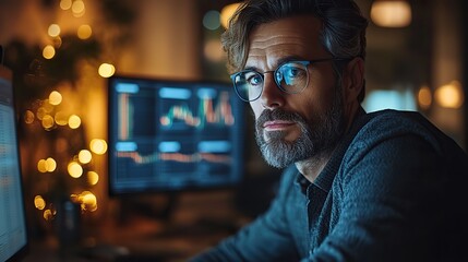 Poster - focused professional analyzing financial trends on multiple computer screens in busy stock exchange 