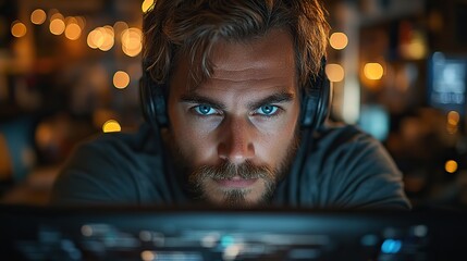 Poster - focused software developer at workstation programming code,enhancing cyber security in modern office