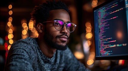 Poster - focused software developer at workstation programming code,enhancing cyber security in modern office