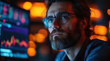 Poster - focused trader analyzing live stock market graphs on computer monitor for strategic investment planning