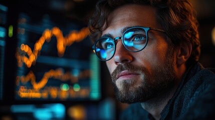 Poster - focused trader analyzing live stock market graphs on computer monitor for strategic investment planning