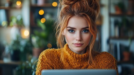 Poster - focused woman working on her personal computer in a cozy home office setting surrounded by modern decor illustrating a productive,comfortable remote work environment