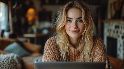 Poster - focused woman working on her personal computer in a cozy home office setting surrounded by modern decor illustrating a productive,comfortable remote work environment