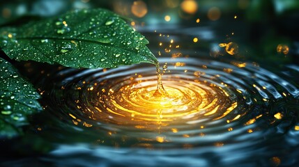 Poster - fractal waterdrop light yellow nature background drop of water water drops on green drop of water on leaf