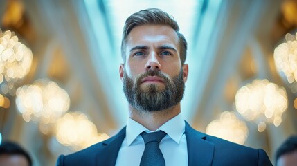 Poster - A confident executive in a power suit standing at the head of a large conference table, leading a meeting with a team of diverse professionals.