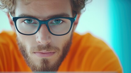 Poster - A young, dynamic leader in a tech startup explaining a new project using a tablet, engaging his team in a casual office space with bright colors.