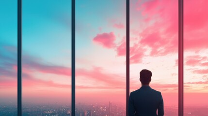 Poster - A CEO standing at a window overlooking a bustling cityscape, gazing thoughtfully into the distance as they envision the future of their company.