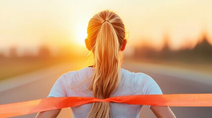 Poster - A female athlete crossing the finish line of a marathon, her determination and resilience inspiring others to overcome challenges.