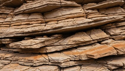 Poster - Layered Rock Formations Showcase Geological History. Natural Beauty Displayed in Rugged Textures. Sandy Beige, Light Brown, and Reddish Tints Present an Intricate Architectural Effect. Overhanging