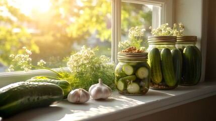 Poster - Preparing homemade pickles with fresh cucumbers, garlic, dill and spices on windowsill