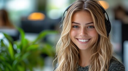 Poster - friendly,professional female customer service representative providing assistance in a modern office setting ideal for illustrating customer support,corporate communication concepts