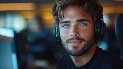 Poster - friendly customer support representative with headset smiling while working on a computer in a profe