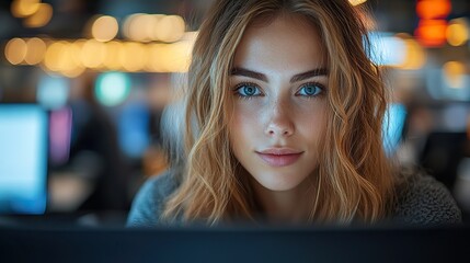 Poster - friendly female customer service representative working on computer in a professional office environment providing expert assistance through a helpline showcasing modern remote support