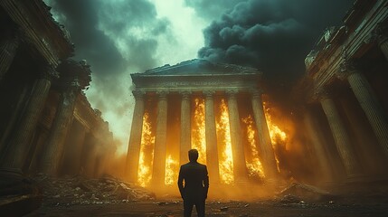 Poster - frustrated businessman witnessing collapse of bank building amidst financial crisis highlighting concepts of stock market crash credit risk investment failure,economic bankruptcy