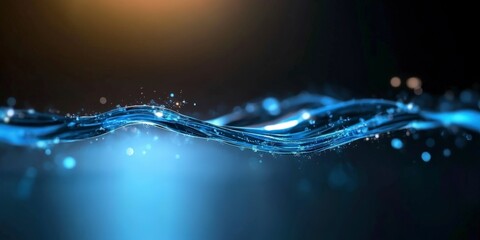 Poster - Captivating Waves of Blue Water with Sparkling Particles in a Dark Gradient Background for Stunning Visual Effects