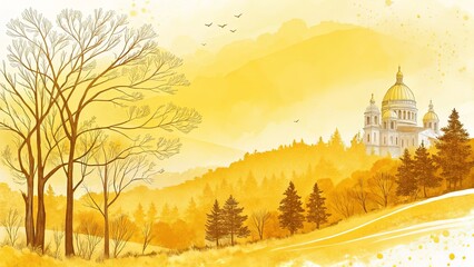 Poster - A painting of a yellow hillside with a church in the distance