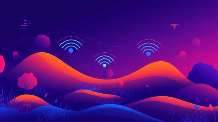 Aufkleber - An abstract representation of Wi-Fi signals in a colorful digital landscape, with vibrant lines and shapes symbolizing the flow of data and connectivity.
