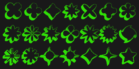 Poster - Bitmap pattern star shapes. Flowers halftone gradient elements on dark background. Y2k graphic abstract icons. Dither noisy star with grunge texture. Vector