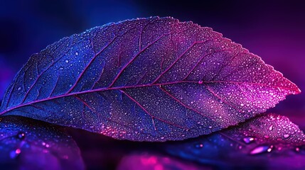 Poster - Unique purple and blue leaf enhanced by crystal clear water droplets capturing natures vivid splendor