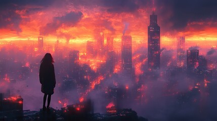 Poster - futuristic city reverie anime girl silhouette in captivating digital artwork wallpaper