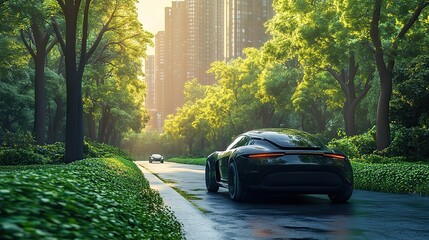 Poster - futuristic electric vehicles transforming urban landscapes green city illustration