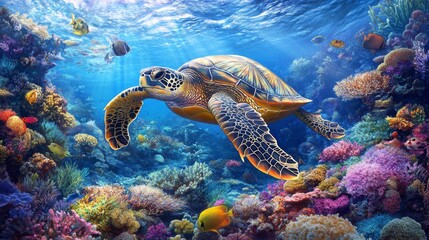 Poster - An underwater shot of a sea turtle interacting with a vibrant school of fish, showcasing the harmony of marine life and the beauty of ocean ecosystems.