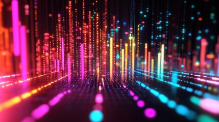 Leinwandbilder - A D bar chart in vibrant colors representing financial growth, with glowing data points and a futuristic digital background in a business setting.