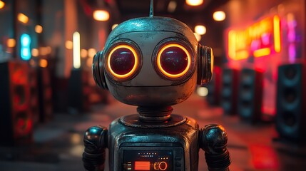 Poster - futuristic party scene with a colorful ai dj robot,music speakers