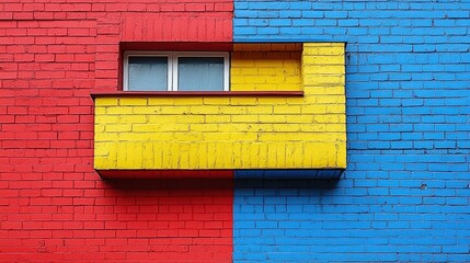 Poster - A vibrant red and blue wall adorned with abstract paintings and artistic designs