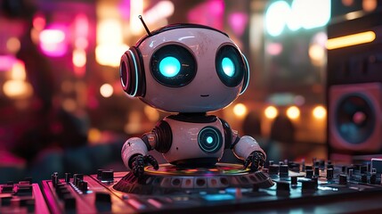 Fototapete - futuristic party scene with a colorful ai dj robot,music speakers