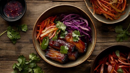 Poster - A beautifully presented pork belly bao bun, topped with pickled vegetables and cilantro, set on a wooden table with soft natural lighting.