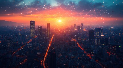 Poster - futuristic visualization of big data connection technology enabling smart city evolution,digital transformation through advanced telecommunication networks
