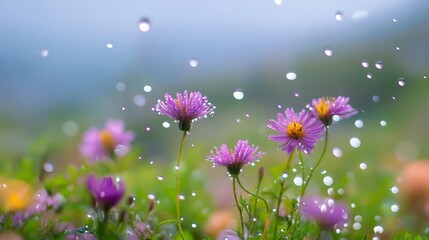 Poster - A breathtaking image of wildflowers in a field after rain, glistening with droplets of water, capturing the freshness and beauty of nature in a soft-focus background.