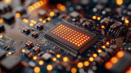 Poster - Closeup view of a circuit board featuring a brightly lit orange light in action