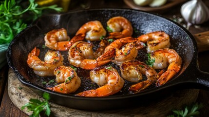 Poster - A captivating image of grilled shrimp sizzling in a cast-iron skillet, with fresh garlic and herbs, creating an enticing and aromatic culinary experience.