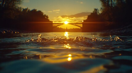 Poster - Golden sunset over river with ripples and bridge