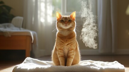 Poster - A charming image of a cat sitting on a towel with a satisfied expression after its bath, with steam rising in the background, creating a cozy atmosphere.