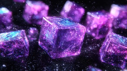 Poster - Beautiful purple crystals sparkling on a deep black background for stunning visual impact