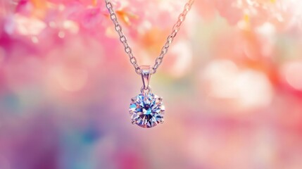 Poster - A close-up of a sparkling diamond pendant hanging from a delicate chain, with a blurred background of soft pastel colors, creating an ethereal atmosphere.