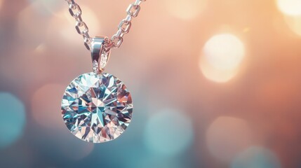 Poster - A close-up of a sparkling diamond pendant hanging from a delicate chain, with a blurred background of soft pastel colors, creating an ethereal atmosphere.